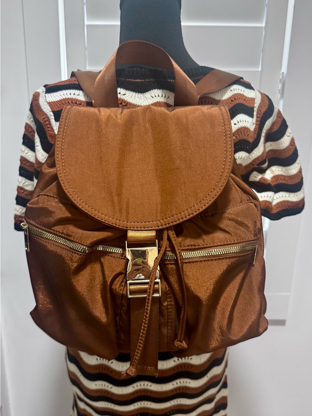 ASOS Copper Brown Satin Drawstring Backpack with Gold Hardware